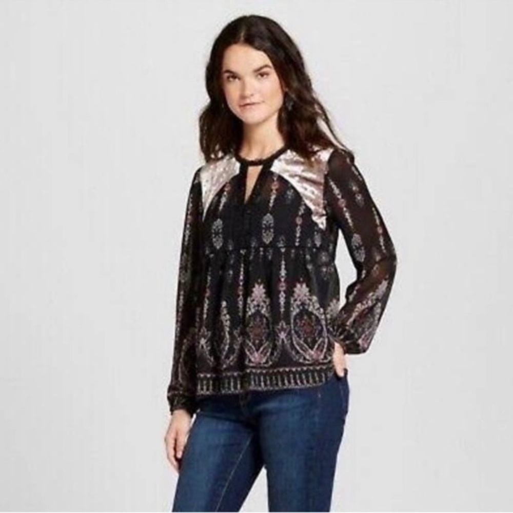 Knox Rose Boho Fairycore Goth Velvet Detail Peasant Blouse Black Pink Sheer Sz L